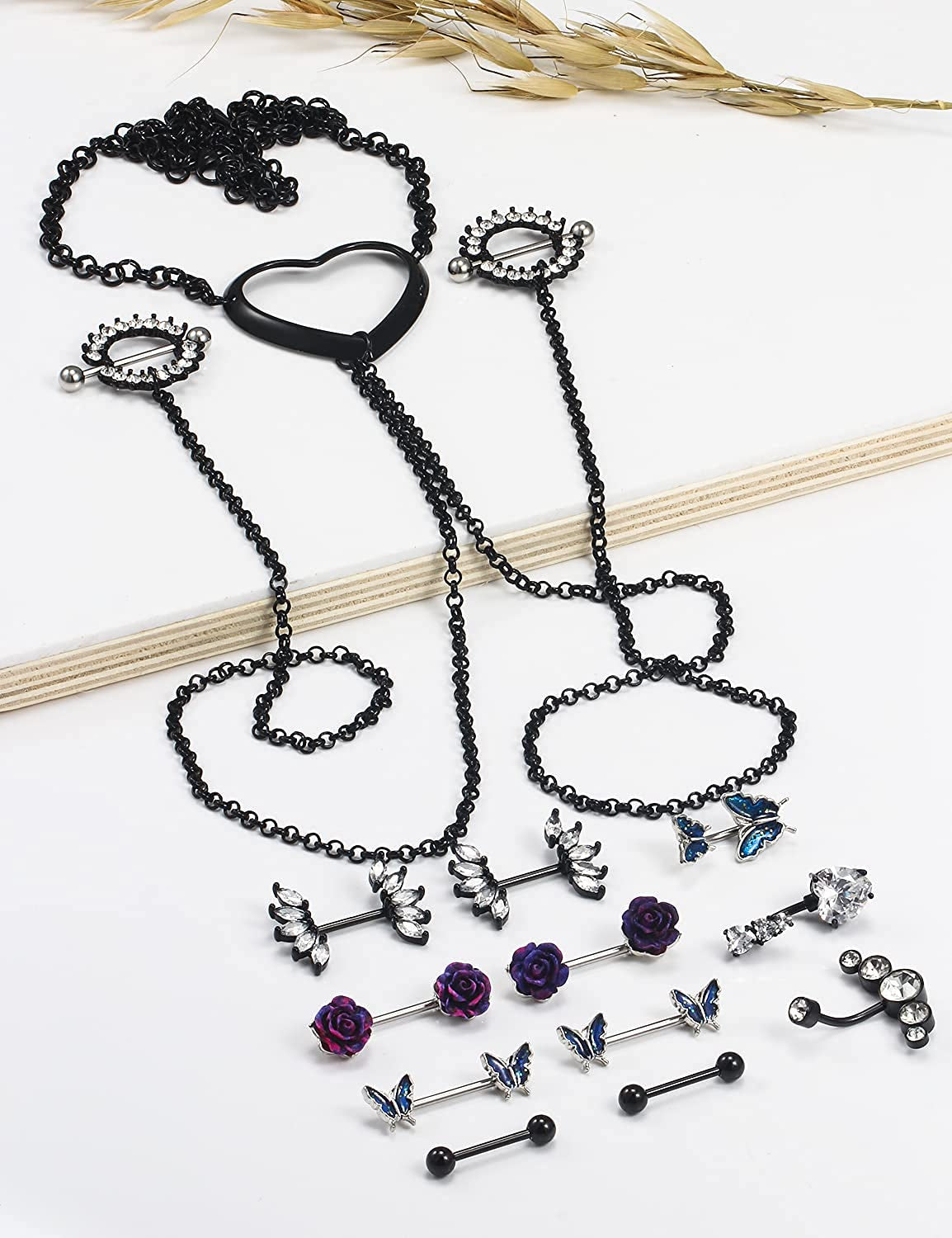 Pexveiuu 16Pcs Nipple Rings Chain and Belly Burron Ring for Women Surgical Steel Nipple Belly Navels Barbells Bar Piercing Apparel & Accessories > Jewelry > Body Jewelry Pexveiuu   