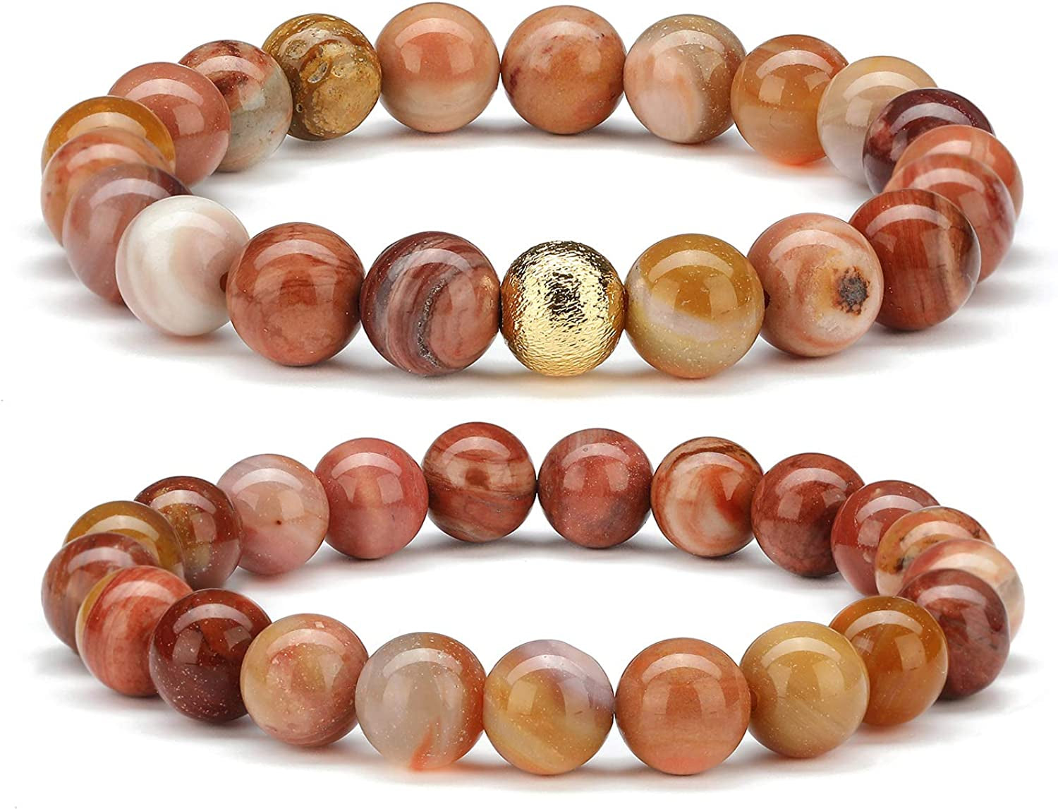 CHOGLE Gemstone Beaded Bracelets for Women - Semi Precious 8Mm round Natural Stone Beads Bracelet - Stretch Strand Bracelet for Girls Apparel & Accessories > Jewelry > Bracelets CHOGLE Pink Wooden Fossil Beaded Strand Bracelet Set  