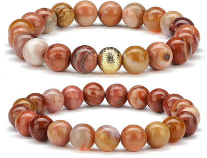 CHOGLE Gemstone Beaded Bracelets for Women - Semi Precious 8Mm round Natural Stone Beads Bracelet - Stretch Strand Bracelet for Girls Apparel & Accessories > Jewelry > Bracelets CHOGLE Pink Wooden Fossil Beaded Strand Bracelet Set  