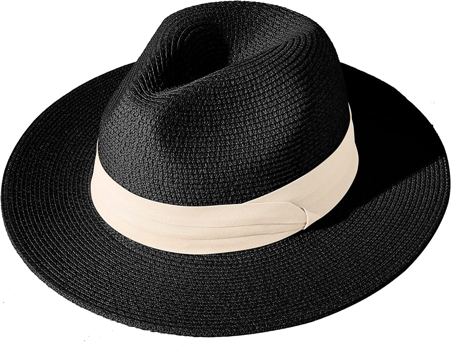 Lanzom Women Wide Brim Straw Panama Roll up Hat Belt Buckle Fedora Beach Sun Hat UPF50+ Apparel & Accessories > Clothing Accessories > Hats Lanzom Z-beige Ribbon Black One Size 