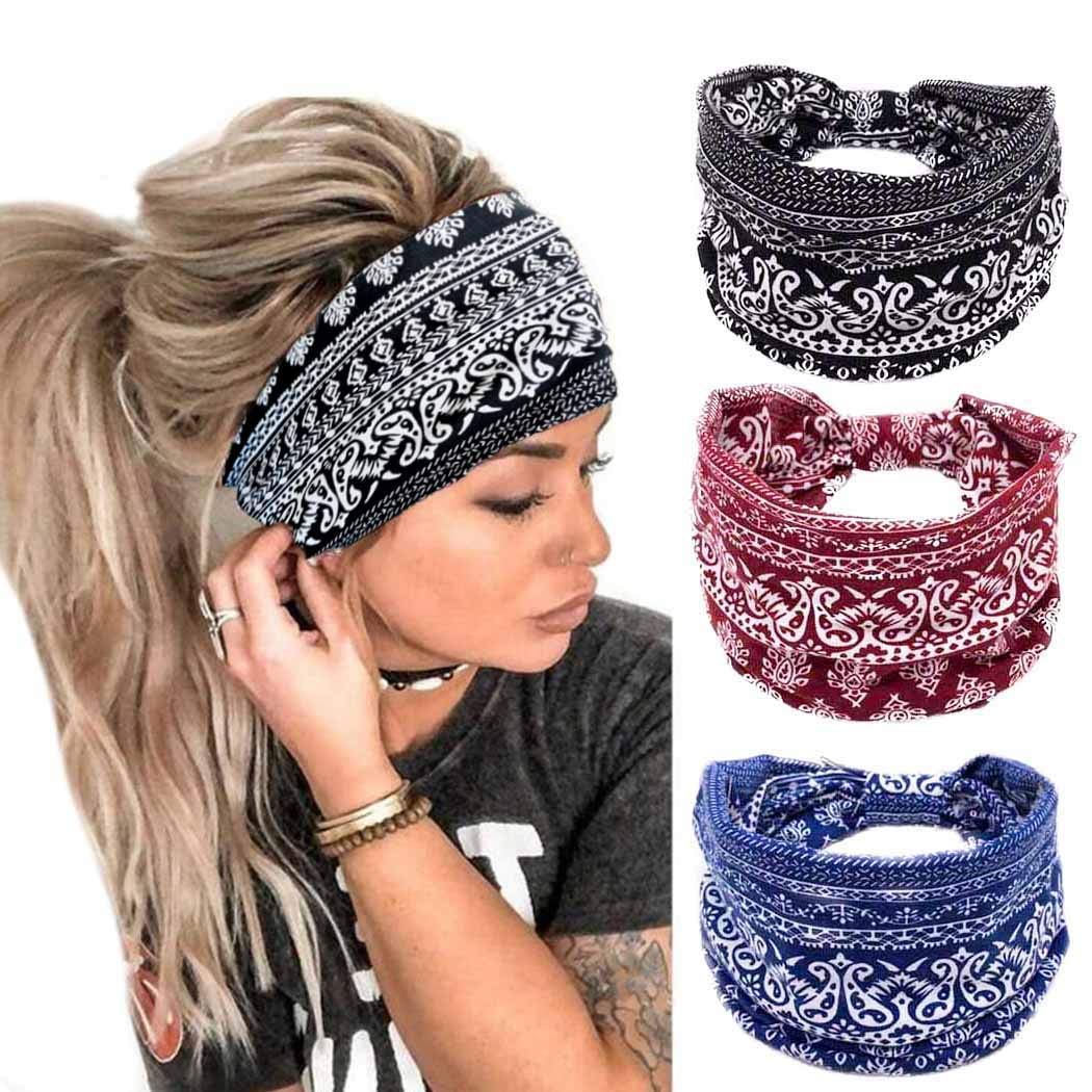 Bohend Boho Headbands Wide Knotted Hair Bands Fashion Printing Bandeau Travel Stretchy Cotton Headband Sport Yoga Hair Accessories for Women and Girls (A) Apparel & Accessories > Clothing Accessories > Bandanas & Headties Bohend A  