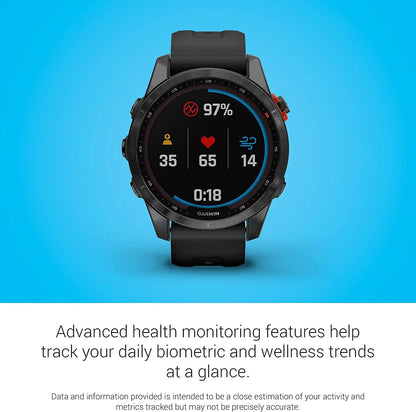 Fenix 7S Solar, Smaller Sized Adventure Smartwatch, with Solar Charging Capabilities, Rugged Outdoor Watch with GPS, Touchscreen, Health and Wellness Features, Slate Gray with Black Band