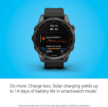 Fenix 7S Solar, Smaller Sized Adventure Smartwatch, with Solar Charging Capabilities, Rugged Outdoor Watch with GPS, Touchscreen, Health and Wellness Features, Slate Gray with Black Band