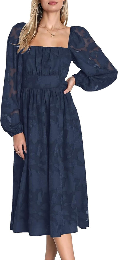 Ferlema Women'S 2023 Fall Dresses Floral Lace Long Sleeve Elastic High Waist a Line Flowy Party Midi Dress Navy Blue / Large