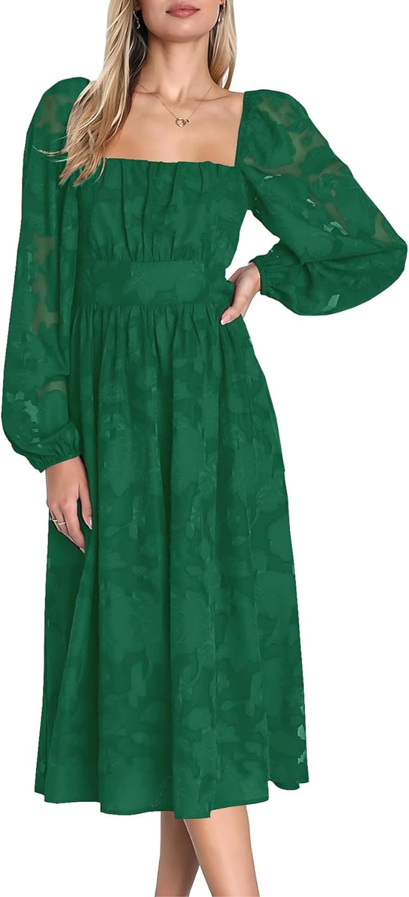 Ferlema Women'S 2023 Fall Dresses Floral Lace Long Sleeve Elastic High Waist a Line Flowy Party Midi Dress Dark Green / Small