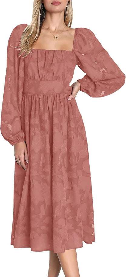 Ferlema Women'S 2023 Fall Dresses Floral Lace Long Sleeve Elastic High Waist a Line Flowy Party Midi Dress Bean Paste / Medium