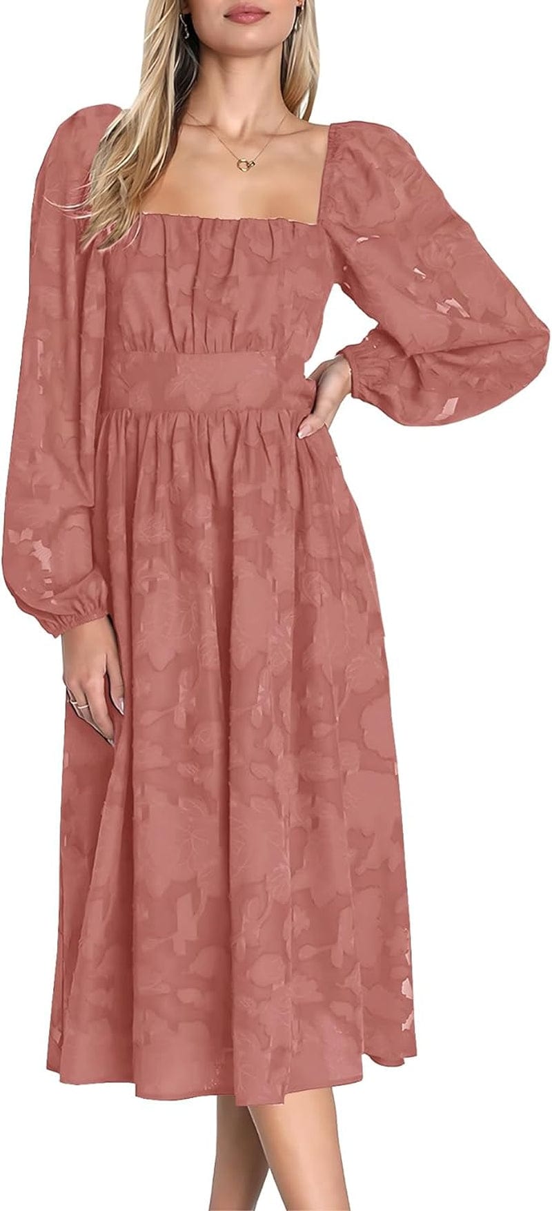 Ferlema Women'S 2023 Fall Dresses Floral Lace Long Sleeve Elastic High Waist a Line Flowy Party Midi Dress Bean Paste / Small