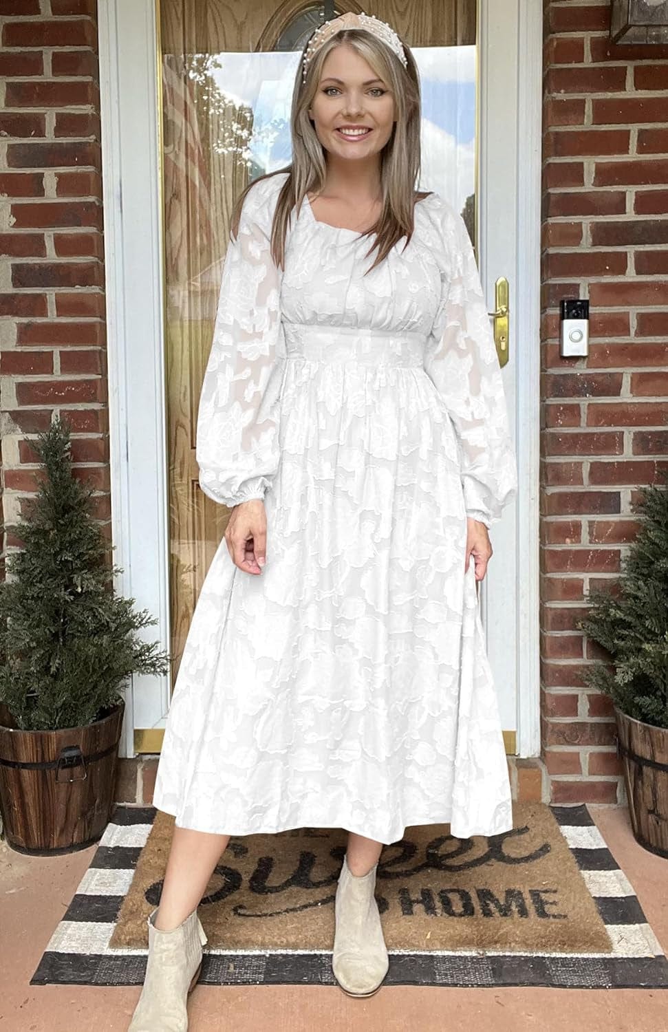 Ferlema Women'S 2023 Fall Dresses Floral Lace Long Sleeve Elastic High Waist a Line Flowy Party Midi Dress