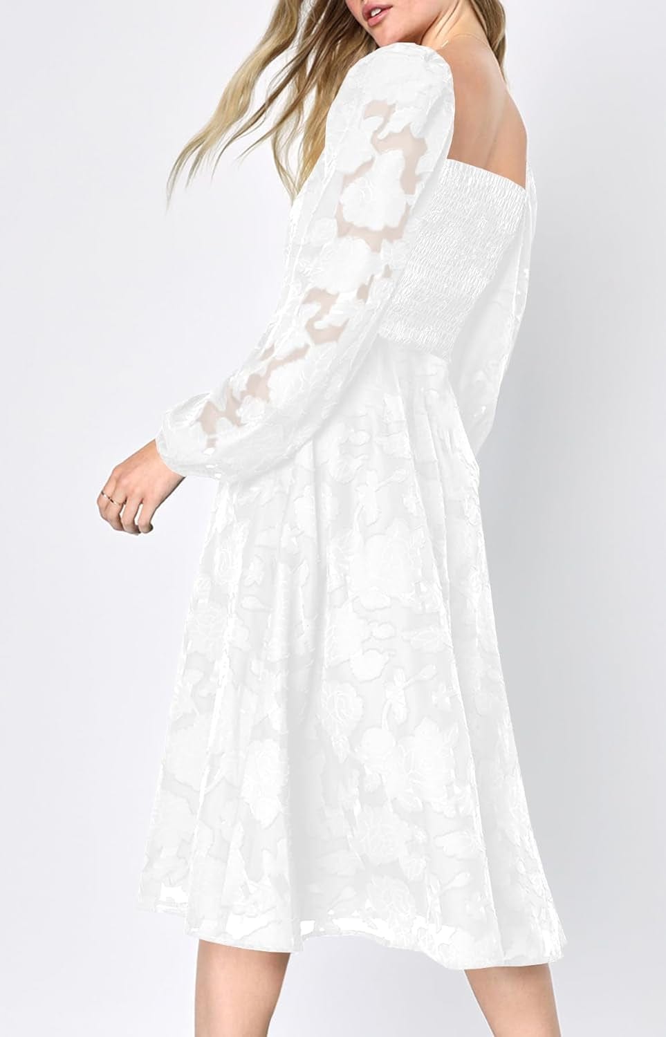 Ferlema Women'S 2023 Fall Dresses Floral Lace Long Sleeve Elastic High Waist a Line Flowy Party Midi Dress