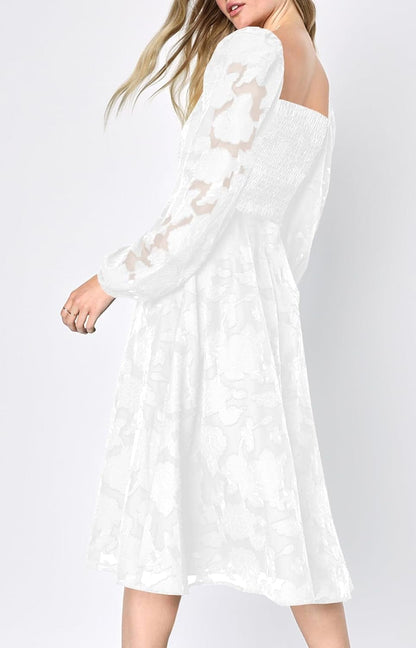 Ferlema Women'S 2023 Fall Dresses Floral Lace Long Sleeve Elastic High Waist a Line Flowy Party Midi Dress