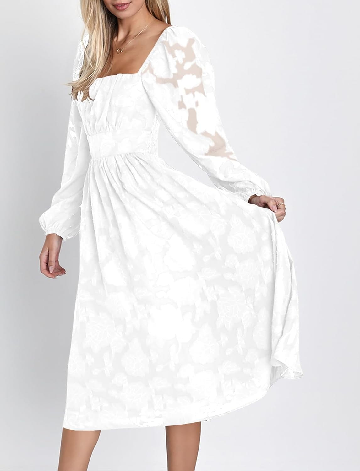 Ferlema Women'S 2023 Fall Dresses Floral Lace Long Sleeve Elastic High Waist a Line Flowy Party Midi Dress