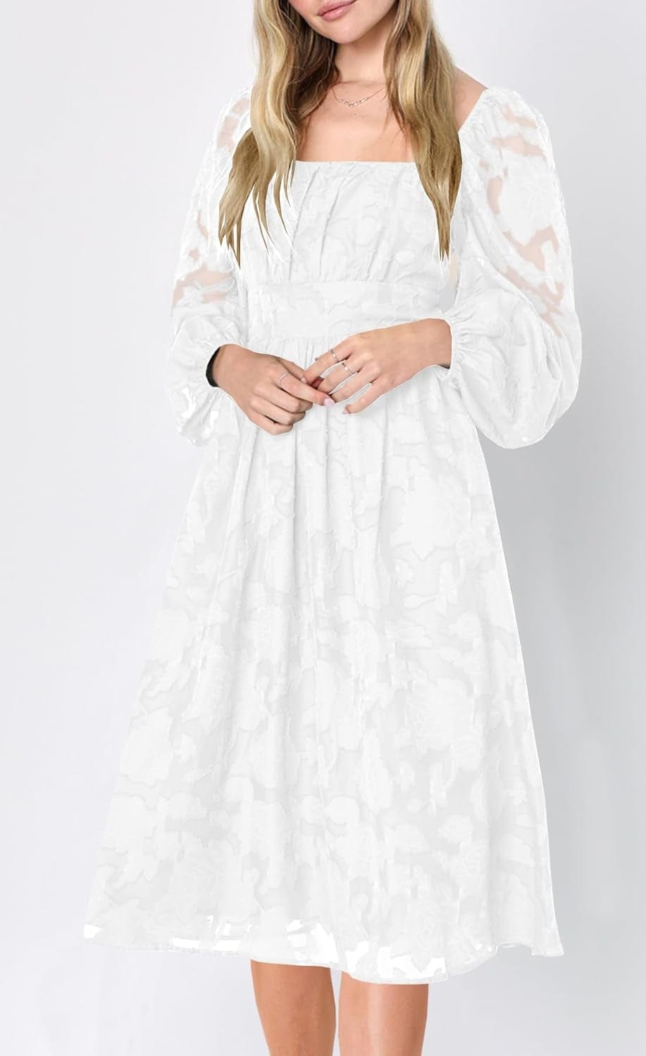 Ferlema Women'S 2023 Fall Dresses Floral Lace Long Sleeve Elastic High Waist a Line Flowy Party Midi Dress