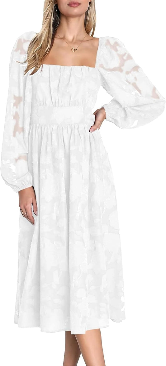 Ferlema Women'S 2023 Fall Dresses Floral Lace Long Sleeve Elastic High Waist a Line Flowy Party Midi Dress