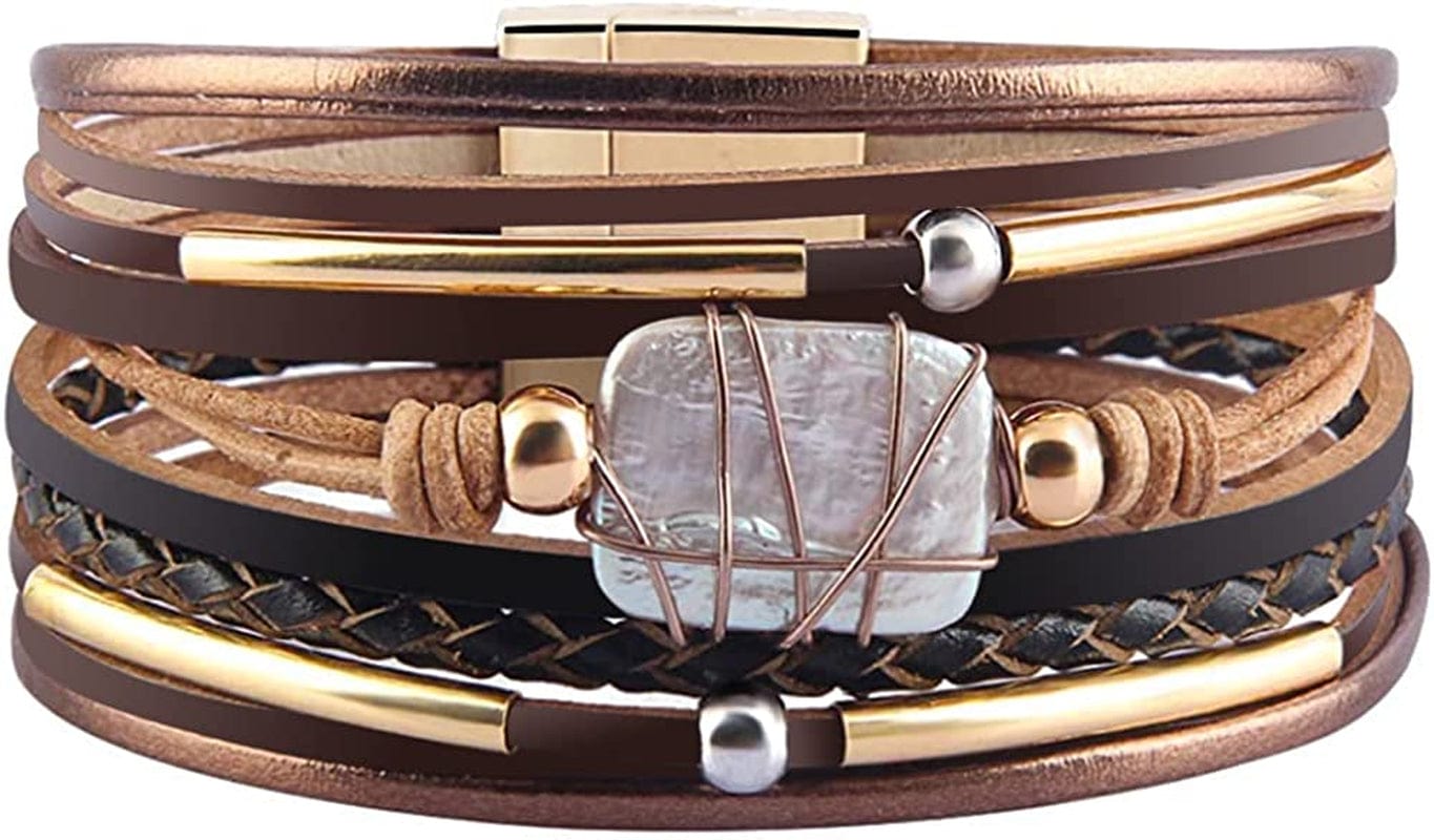 Fesciory Leather Wrap Bracelet for Women, Leopard Multi-Layer Magnetic Buckle Cuff Bracelet Jewelry Apparel & Accessories > Jewelry > Bracelets Fesciory B10-Brown Leather(Pearl)  