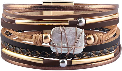 Fesciory Leather Wrap Bracelet for Women, Leopard Multi-Layer Magnetic Buckle Cuff Bracelet Jewelry Apparel & Accessories > Jewelry > Bracelets Fesciory B10-Brown Leather(Pearl)  