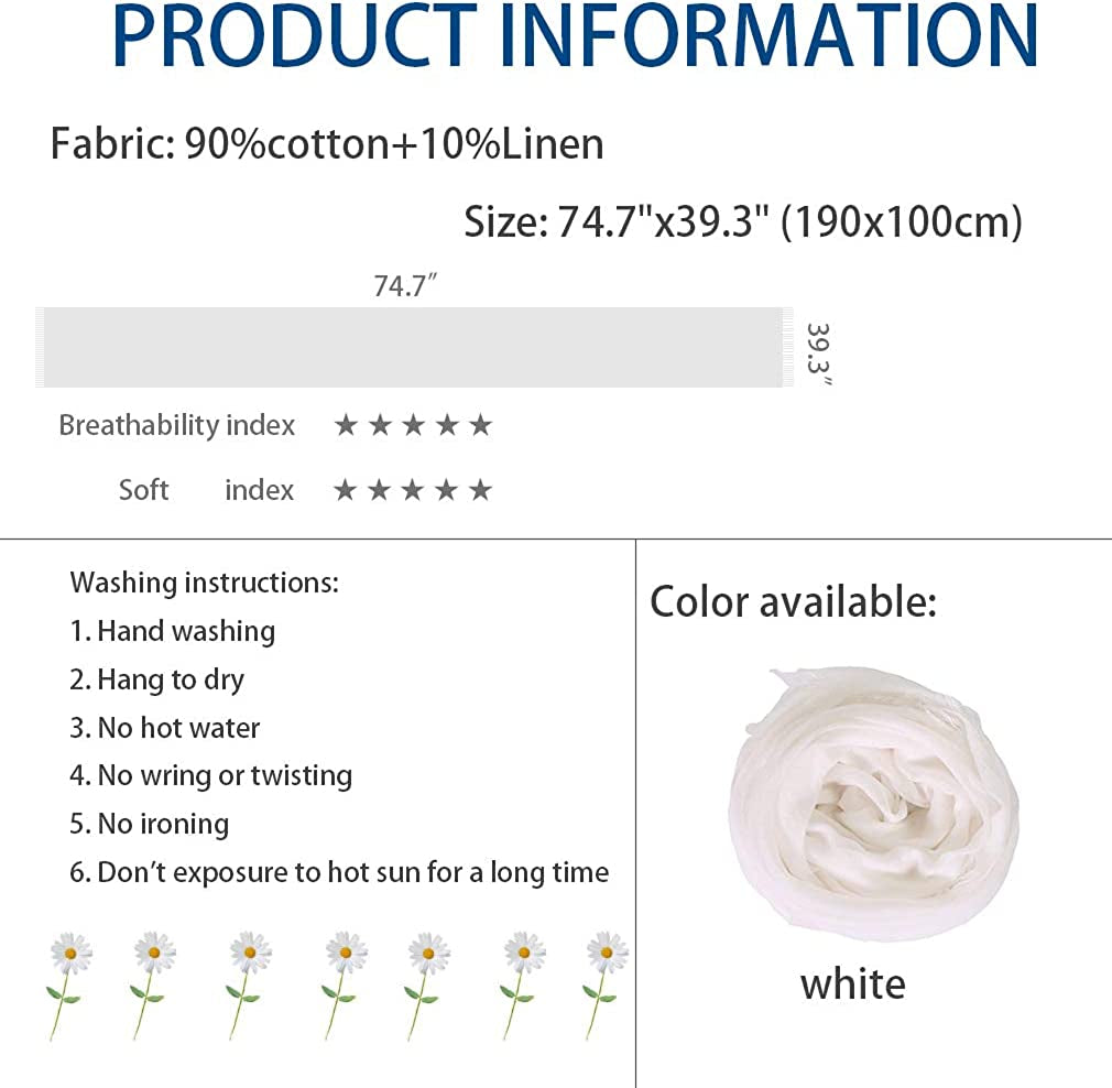 LMVERNA Linen Scarf for Women Soft Lightweight Fringed Scarf Linen Gauze Sheer Shawl Wrap (White) Apparel & Accessories > Clothing Accessories > Scarves & Shawls LMVERNA   