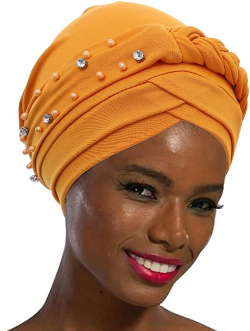 Woeoe Crystal African Head Wrap Yellow Elastic Turban Head Cover for Women and Girls Apparel & Accessories > Clothing Accessories > Headwear Woeoe   