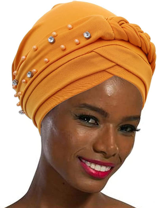 Woeoe Crystal African Head Wrap Yellow Elastic Turban Head Cover for Women and Girls Apparel & Accessories > Clothing Accessories > Headwear Woeoe   
