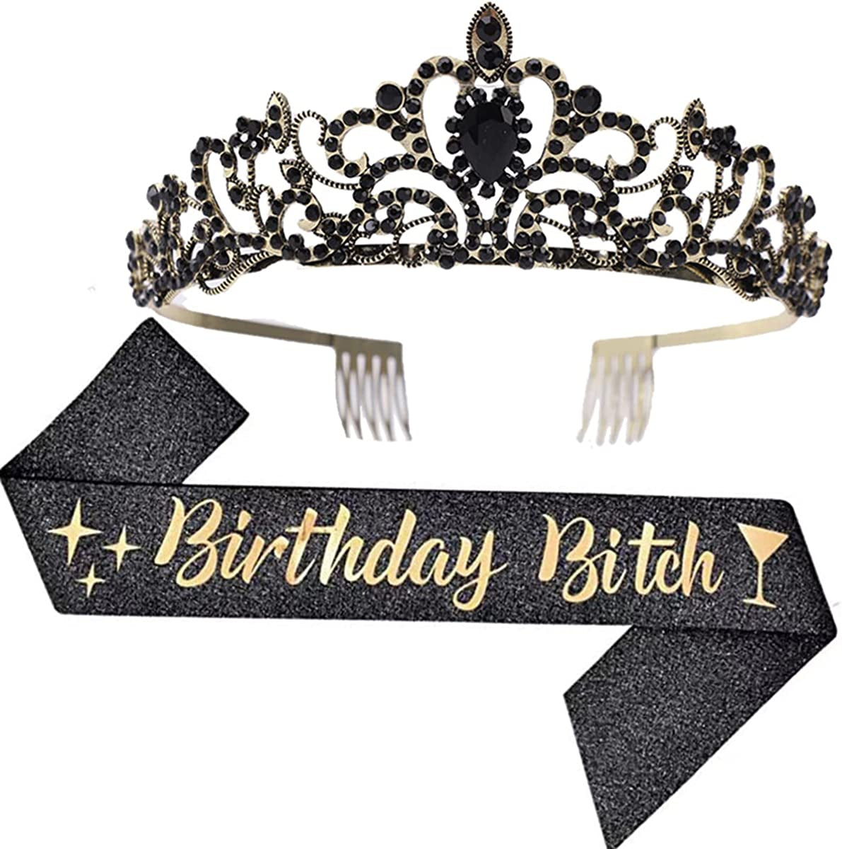 LATFZ Birthday Bitch Sash & Crown Tiara Kit - Black Glitter Birthday Sash Birthday Gifts for Women Birthday Party Supplies Apparel & Accessories > Clothing Accessories > Sashes LATFZ Black  