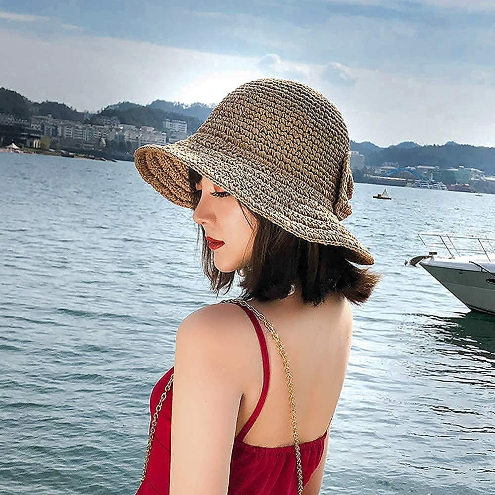 Foldable Wide Brim Floppy Straw Beach Sun Hat,Summer Cap with Bowknot for Women Girls,Strap Adjustable Apparel & Accessories > Clothing Accessories > Hats Bseash   