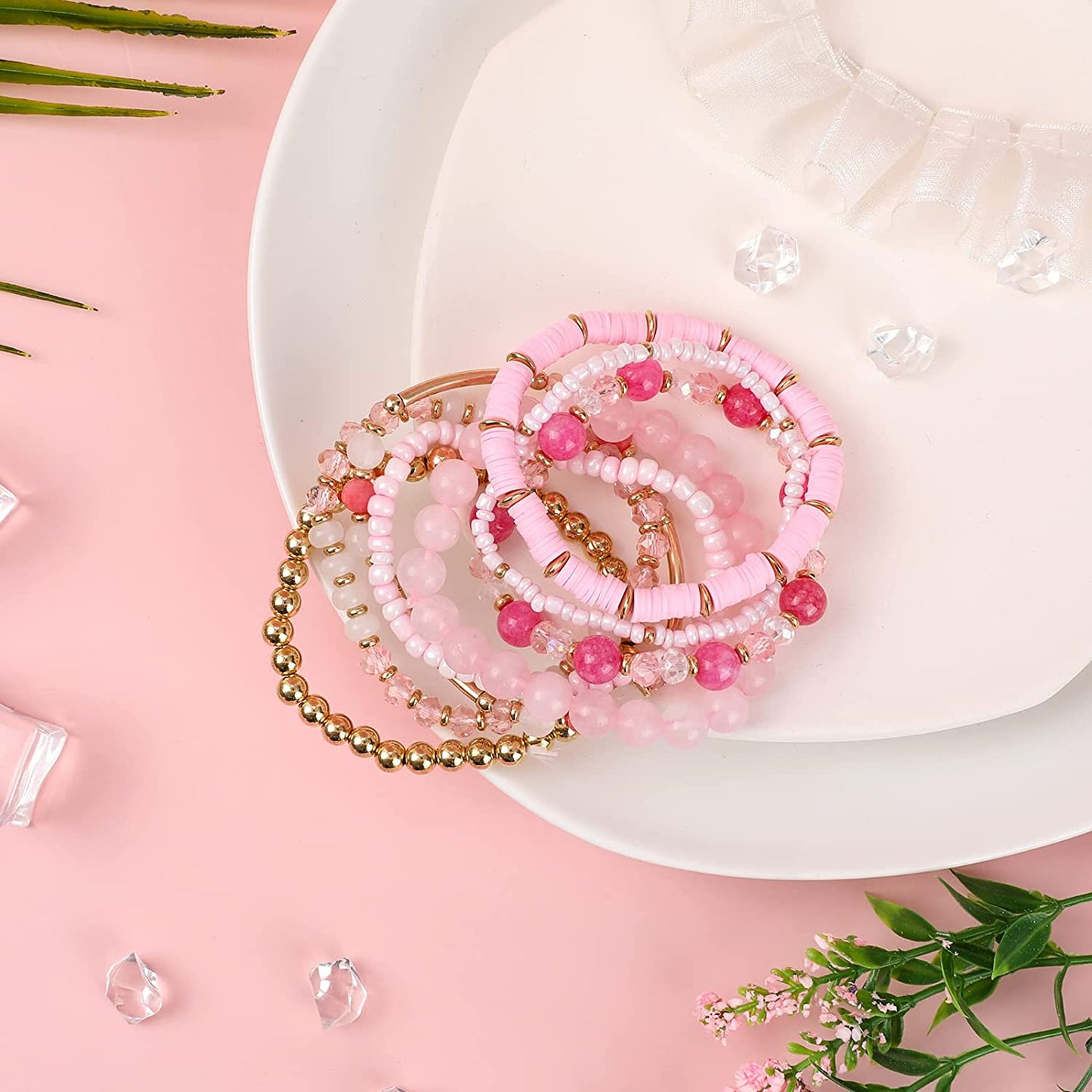 Bohemian Multi-Layer Beaded Stacking Pink Bracelets, 8 Pcs Versatile Strand Stretch Sparkly Crystal Beads Wrap Slip-On Cuff Bangle Set Apparel & Accessories > Jewelry > Bracelets IDEAJOY   