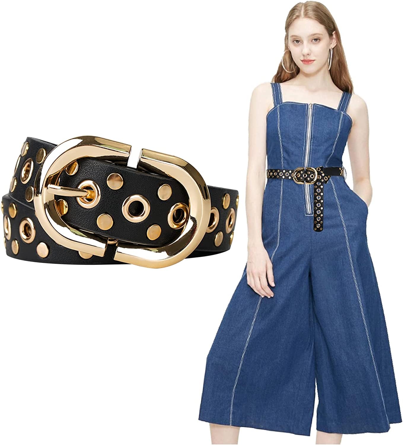 FIORETTO Grommet Leather Belt with Detachable Chain Women Men Punk Rock Waist Belts for Jeans Pants Apparel & Accessories > Clothing Accessories > Belts FIORETTO Studded (Black-gold) One Size 