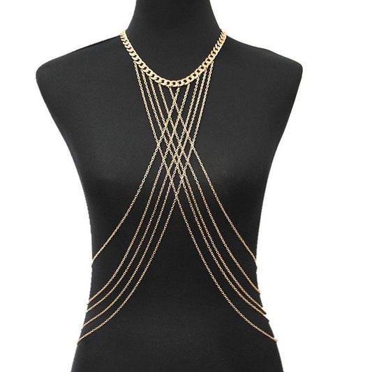 Bomine Harness Body Chain Bra Crossover Sexy Body Jewelry Bikini Chains Necklace for Women and Girls (Gold) Apparel & Accessories > Jewelry > Body Jewelry Bomine   