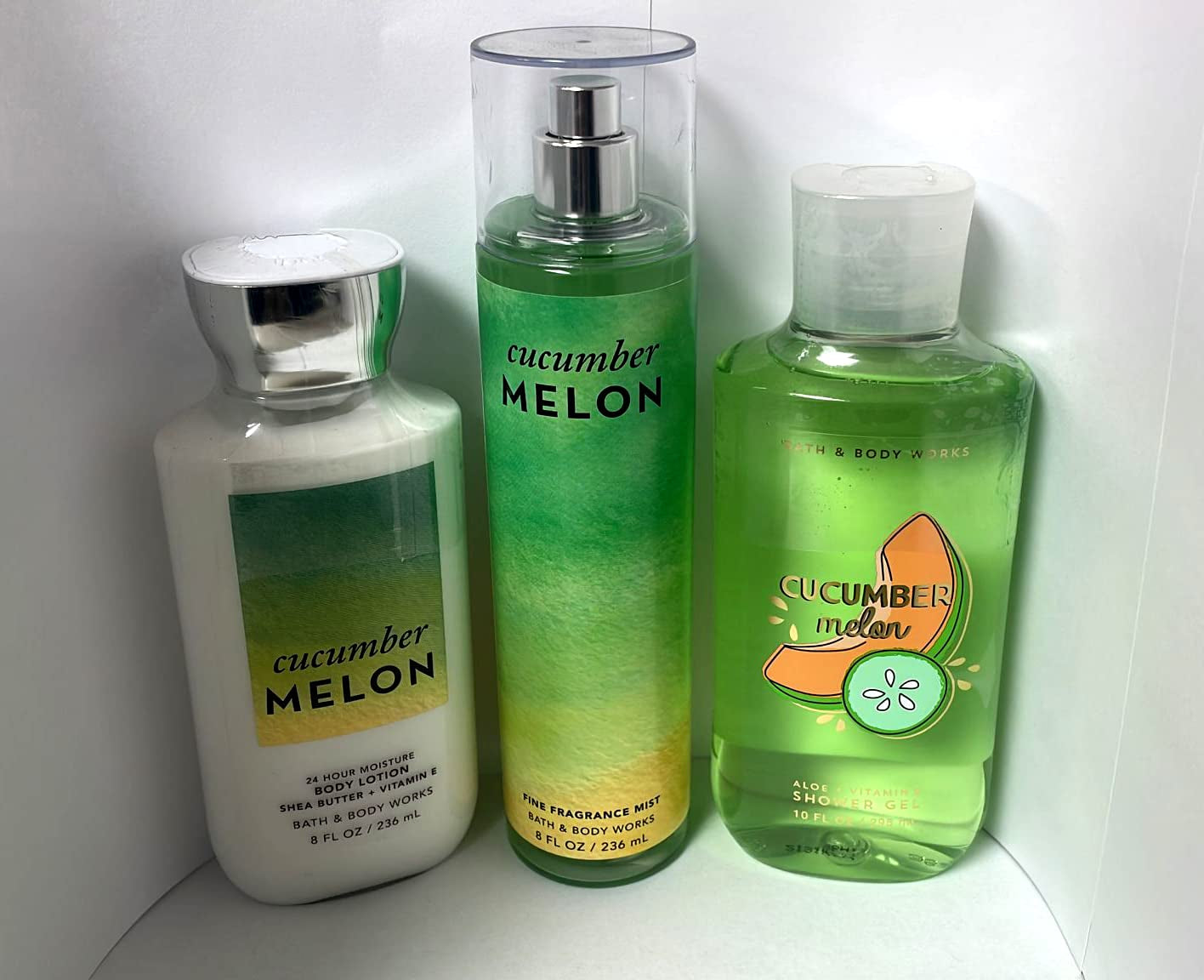 Bath & Body Works Cucumber Melon Gift Set, Body Lotion 8 Fl Oz, Shower Gel 10 Fl Oz, & Find Fragrance Mist 8 Fl Oz Health & Beauty > Personal Care > Cosmetics > Bath & Body Bath & Body Works   