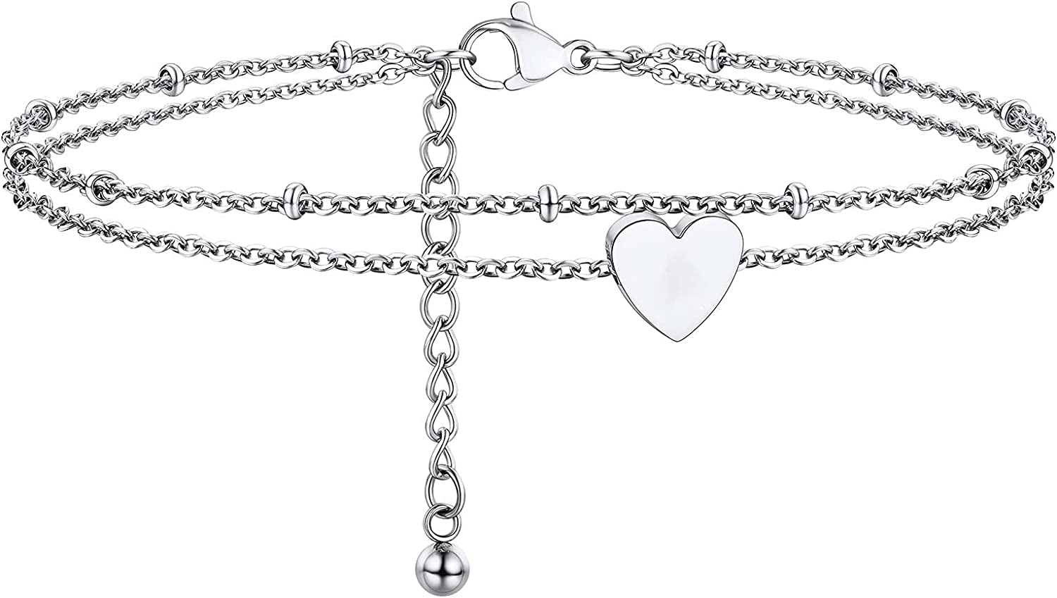 PROSTEEL Stainless Steel Chain Anklets for Men Women, Silver/Gold Tone, Ankle Bracelets Hypoallergenic, 8-10.5 Inch Adjustable, Come Gift Box Apparel & Accessories > Jewelry > Anklets Prosteel Jewelry E: silver-heart layered  