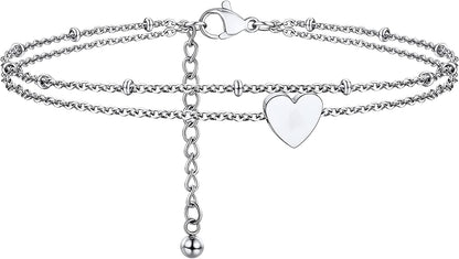 PROSTEEL Stainless Steel Chain Anklets for Men Women, Silver/Gold Tone, Ankle Bracelets Hypoallergenic, 8-10.5 Inch Adjustable, Come Gift Box Apparel & Accessories > Jewelry > Anklets Prosteel Jewelry E: silver-heart layered  