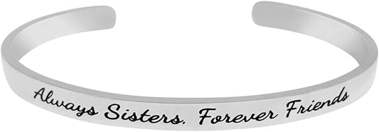 Funny Sister Gifts from Sister or Brother Bracelet - Best Sister Ever Gift Mantra Humorous Quote Sayings Message Cuff Band Bracelet, Jewelry Gifts for Birthday, Christmas, Graduation Apparel & Accessories > Jewelry > Bracelets GLAM&CO Always Sisters, Forever Friends - Silver  