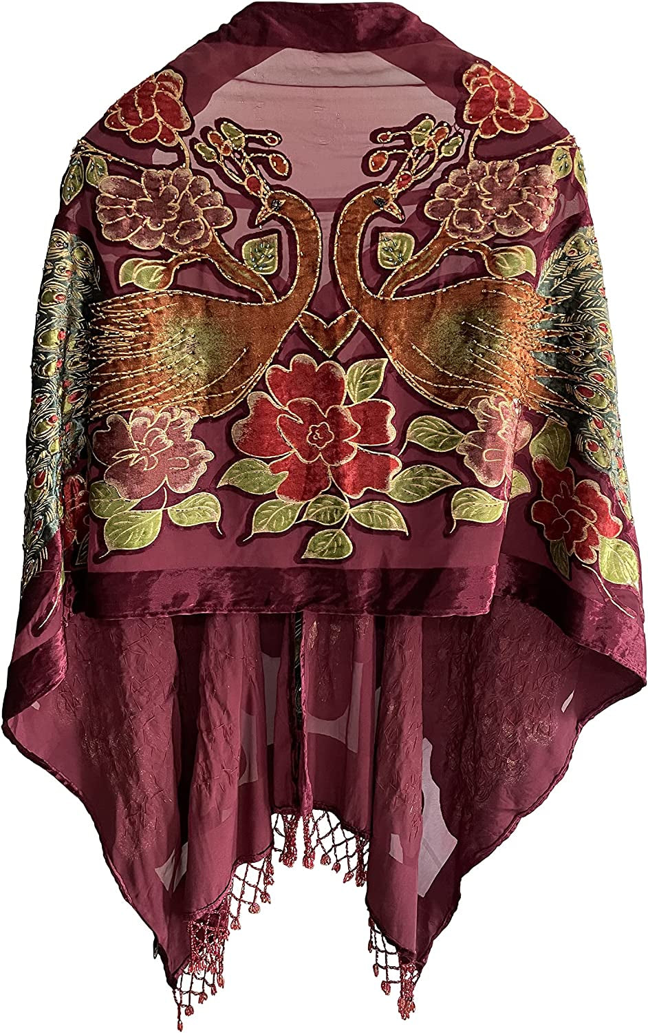 Peacock Velvet Shawl with Fringe Beaded Shawl for Women Peacock Scarf Handmade Beading Indian Wraps for Women with Tassel Apparel & Accessories > Clothing Accessories > Scarves & Shawls DQSSYTTX Burgundy  