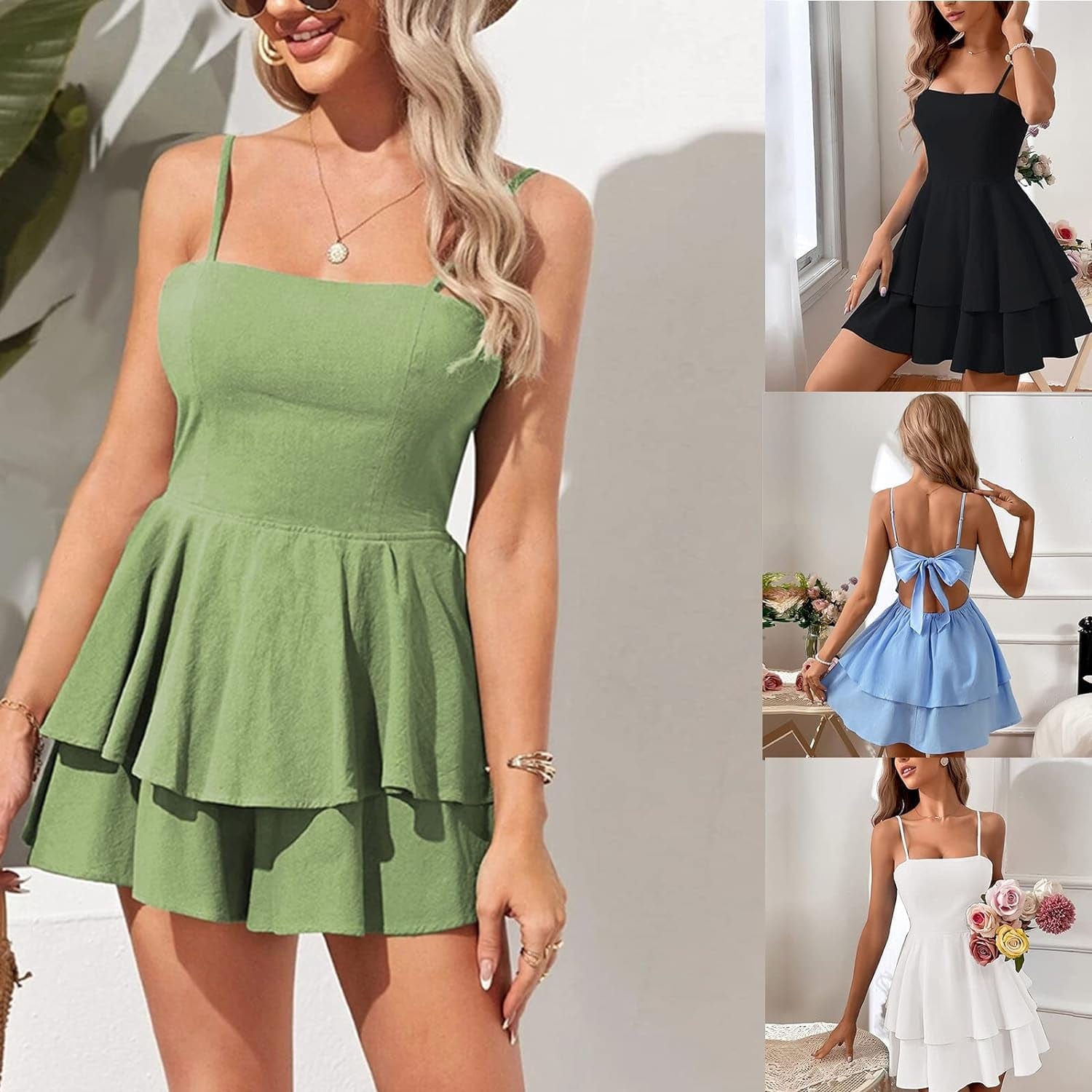 Fiarfiar Womens Summer Tie Back a Line Mini Dresses Ruffle Hem Swing Flowy Babydoll Short Backless Dress Short Backless Dress