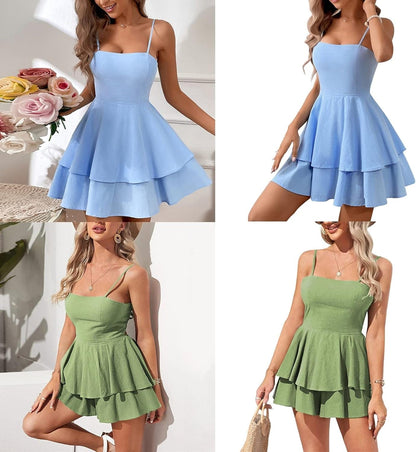 Fiarfiar Womens Summer Tie Back a Line Mini Dresses Ruffle Hem Swing Flowy Babydoll Short Backless Dress Short Backless Dress