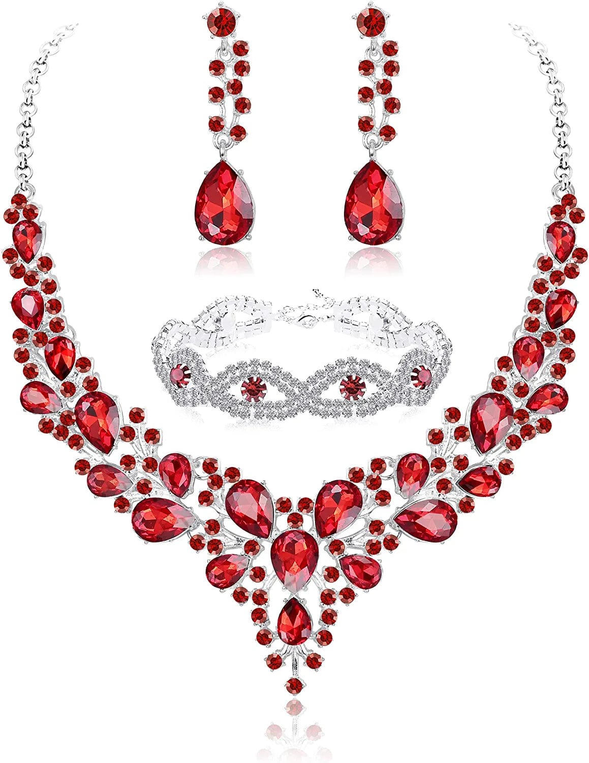 FIASASO Crystal Bridal Jewelry Set for Women Rhinestone Necklace Earrings Bracelet Wedding Bridesmaid D: 3pcs-red