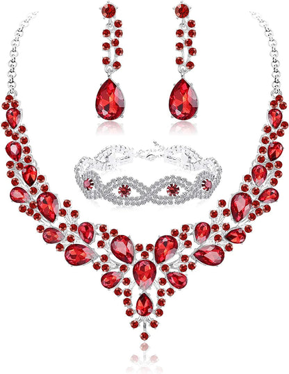 FIASASO Crystal Bridal Jewelry Set for Women Rhinestone Necklace Earrings Bracelet Wedding Bridesmaid D: 3pcs-red