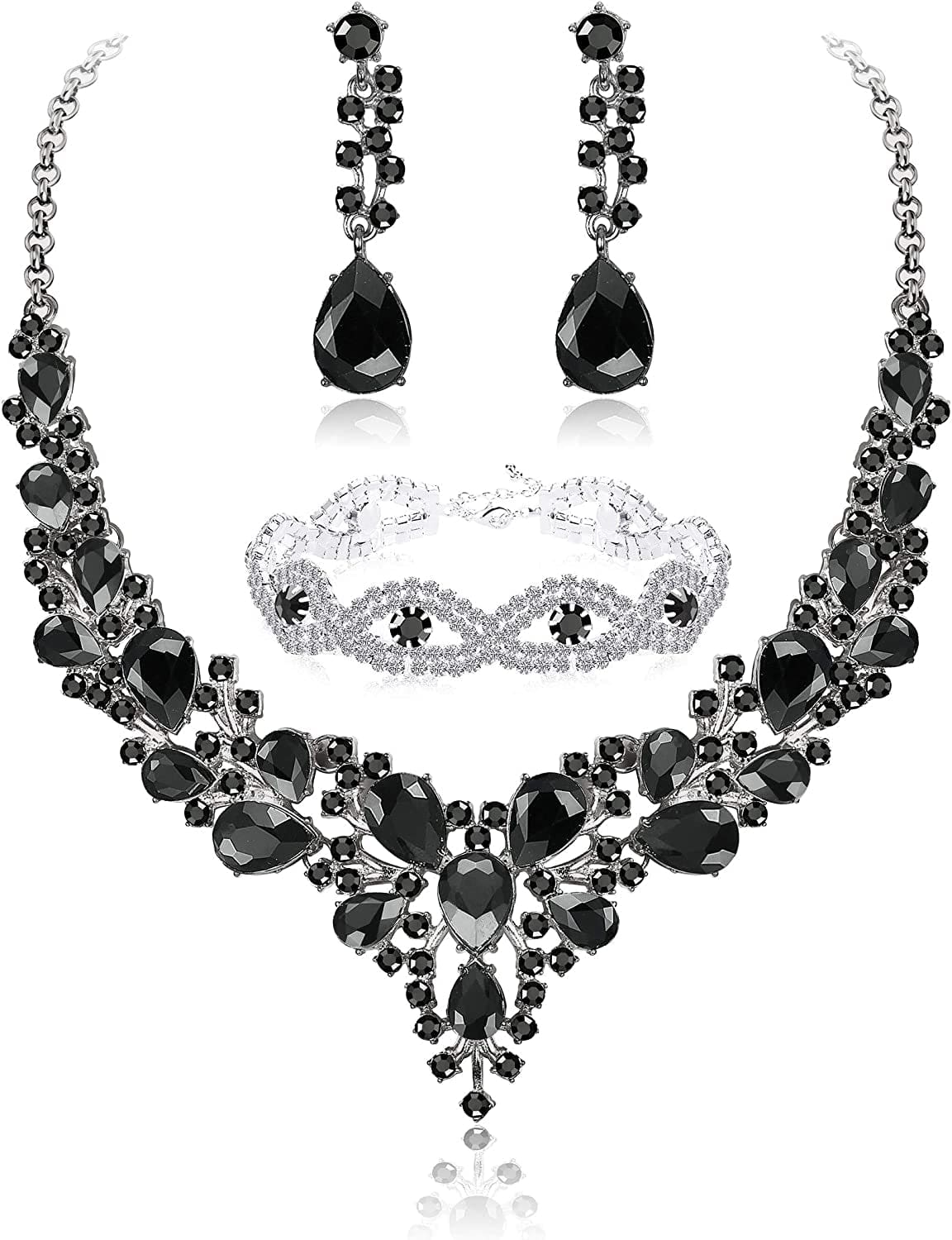FIASASO Crystal Bridal Jewelry Set for Women Rhinestone Necklace Earrings Bracelet Wedding Bridesmaid Black