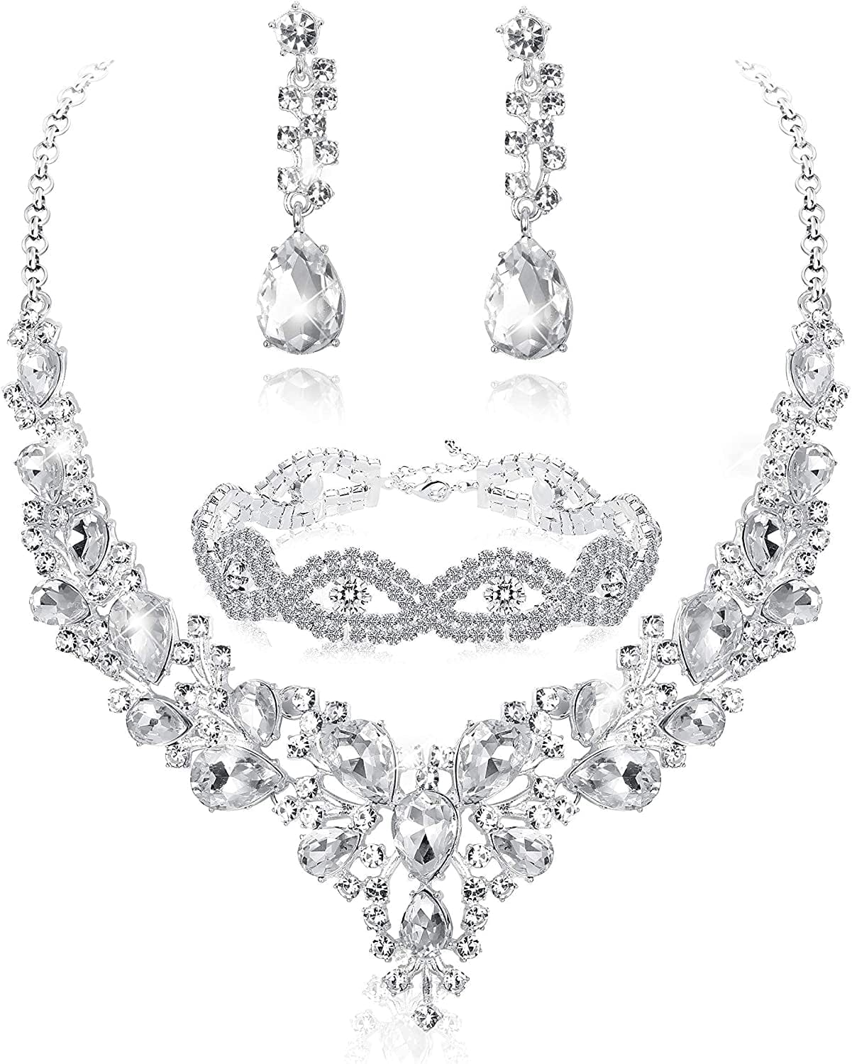 FIASASO Crystal Bridal Jewelry Set for Women Rhinestone Necklace Earrings Bracelet Wedding Bridesmaid White