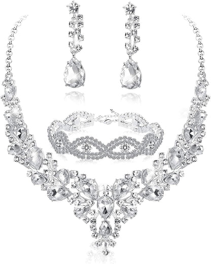 FIASASO Crystal Bridal Jewelry Set for Women Rhinestone Necklace Earrings Bracelet Wedding Bridesmaid White