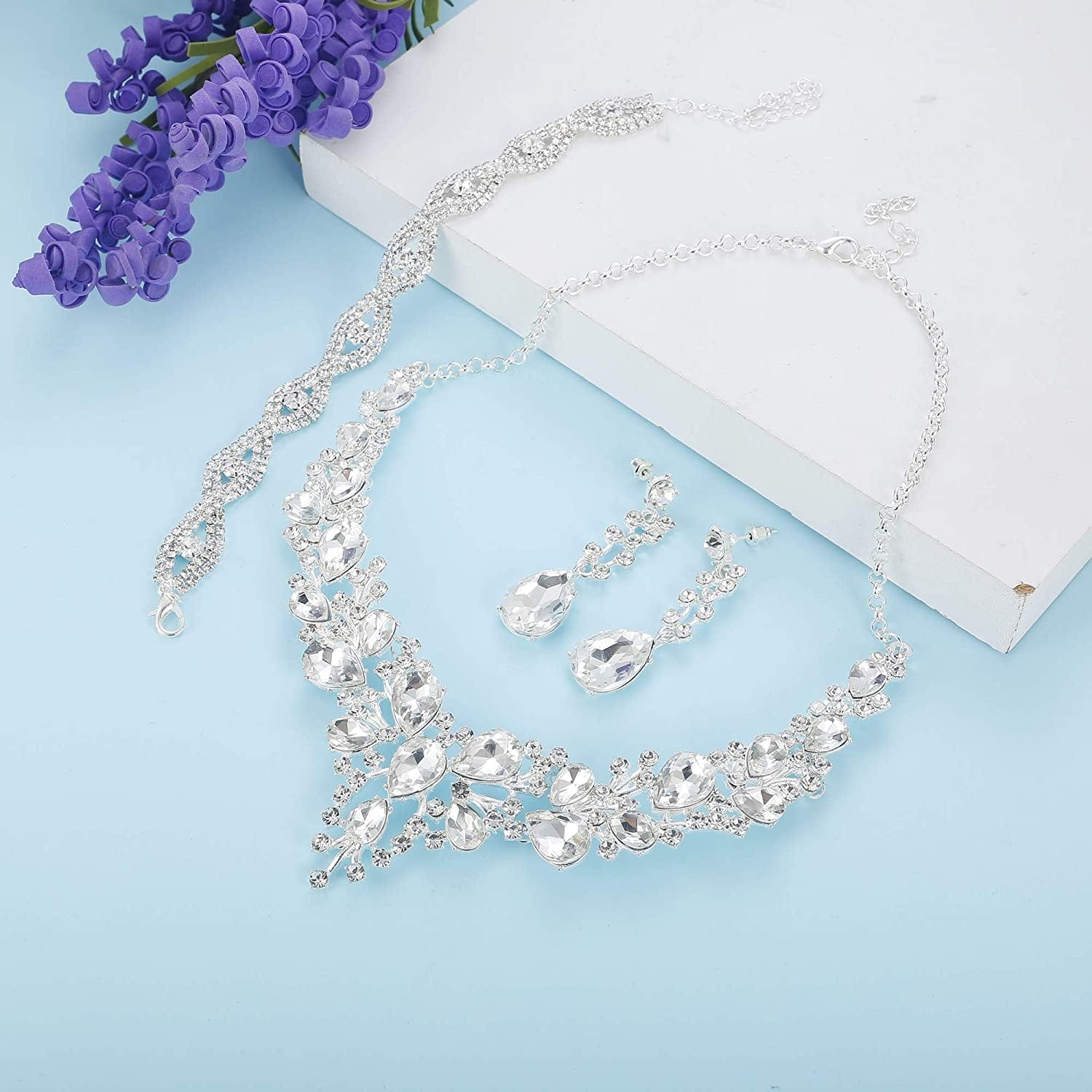 FIASASO Crystal Bridal Jewelry Set for Women Rhinestone Necklace Earrings Bracelet Wedding Bridesmaid