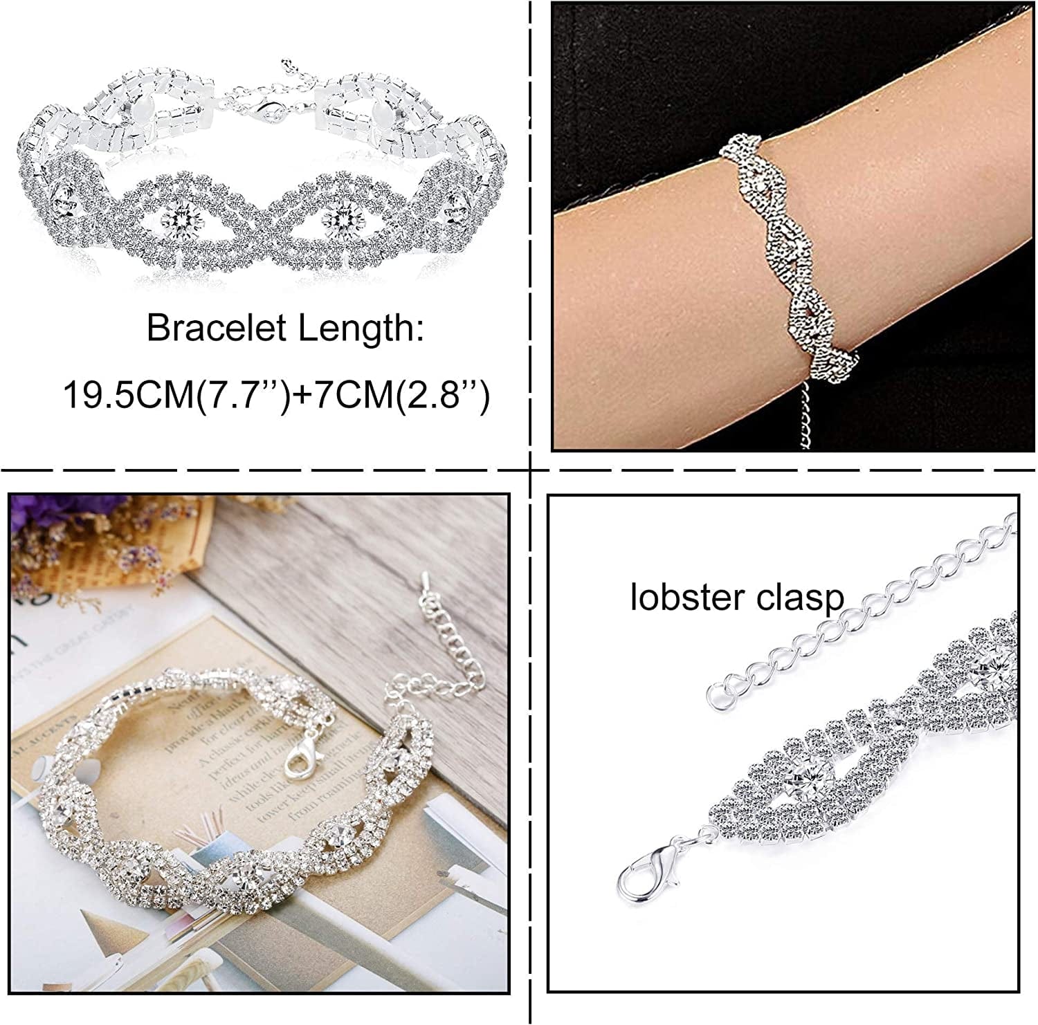 FIASASO Crystal Bridal Jewelry Set for Women Rhinestone Necklace Earrings Bracelet Wedding Bridesmaid