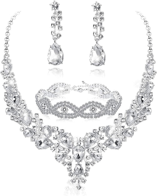 FIASASO Crystal Bridal Jewelry Set for Women Rhinestone Necklace Earrings Bracelet Wedding Bridesmaid A: Necklace Earrings and Bracelet