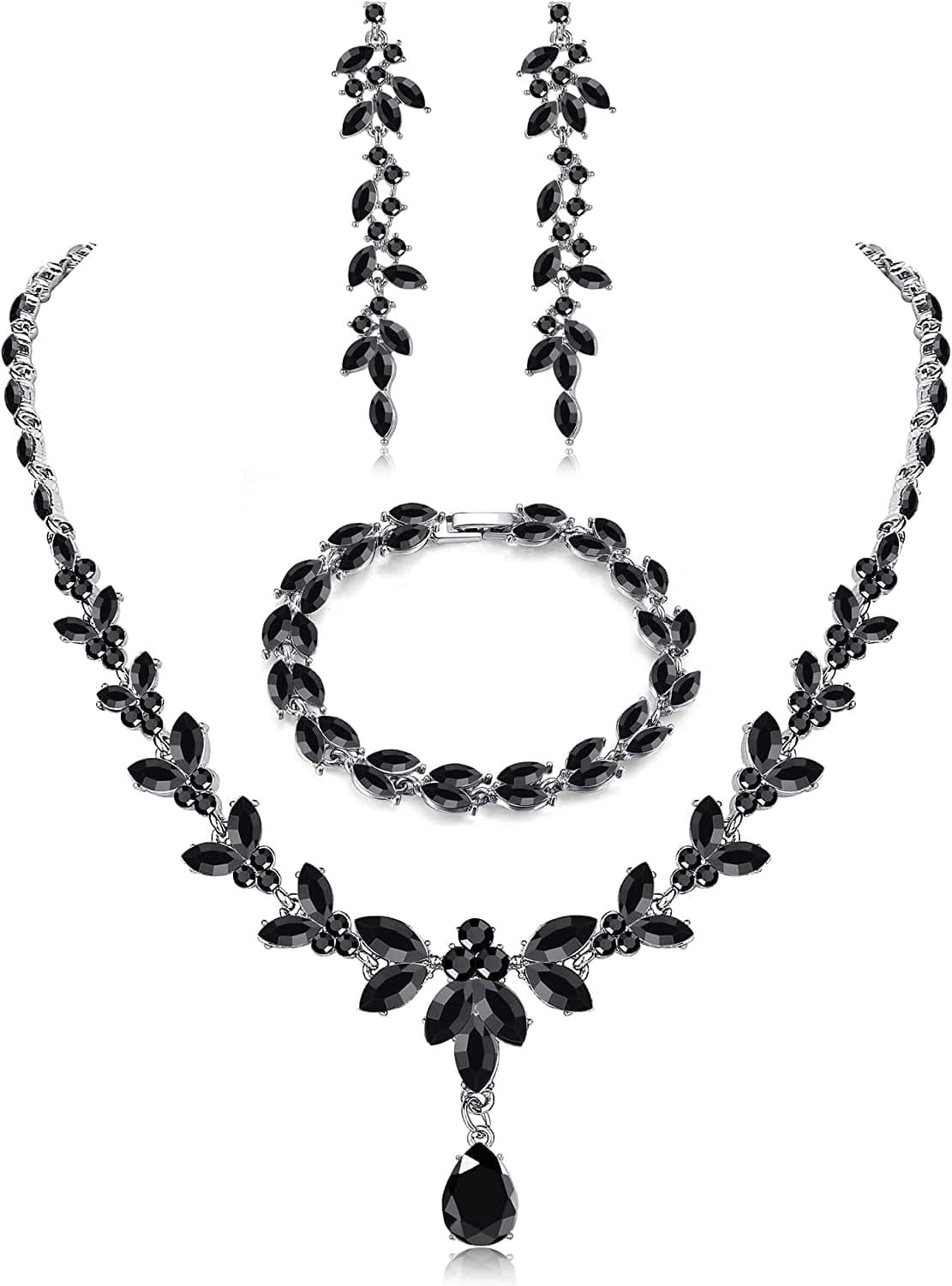 FIASASO Necklace Dangle Earrings Bracelet Set for Women Bride Bridesmaid Crystal Bridal Jewelry Set for Wedding Engagement Party Prom Jewelry Set Black