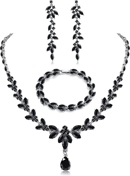 FIASASO Necklace Dangle Earrings Bracelet Set for Women Bride Bridesmaid Crystal Bridal Jewelry Set for Wedding Engagement Party Prom Jewelry Set Black
