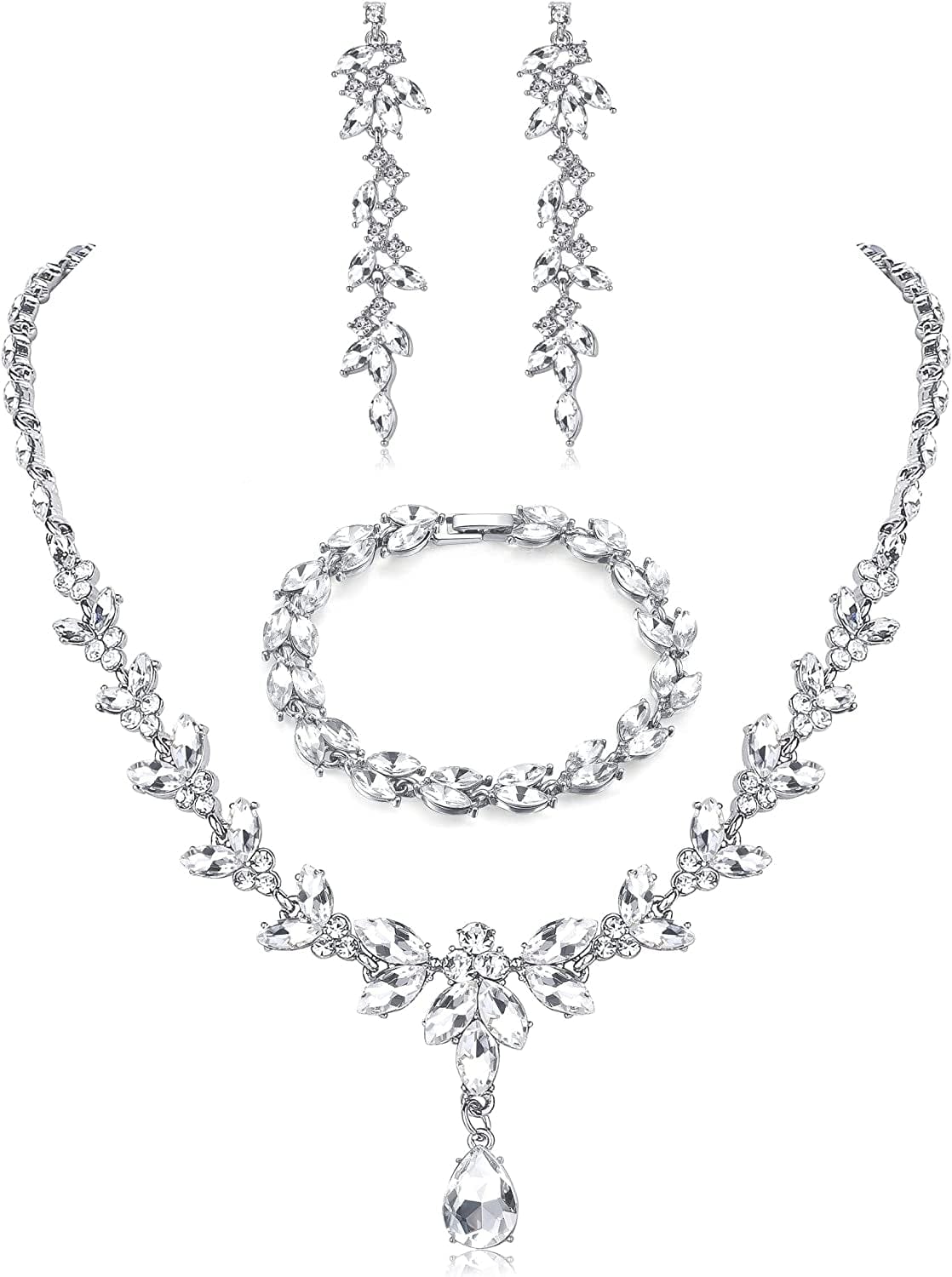 FIASASO Necklace Dangle Earrings Bracelet Set for Women Bride Bridesmaid Crystal Bridal Jewelry Set for Wedding Engagement Party Prom Jewelry Set Sliver