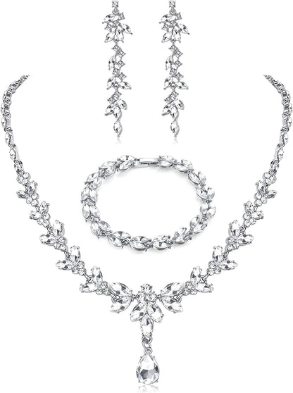 FIASASO Necklace Dangle Earrings Bracelet Set for Women Bride Bridesmaid Crystal Bridal Jewelry Set for Wedding Engagement Party Prom Jewelry Set Sliver