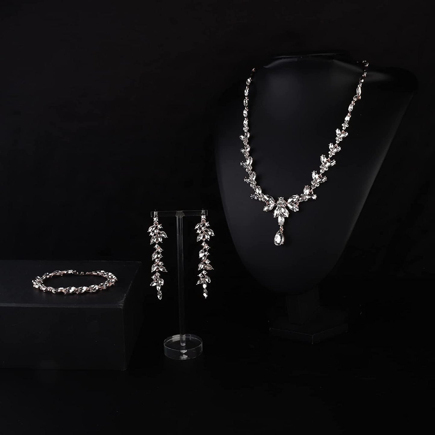 FIASASO Necklace Dangle Earrings Bracelet Set for Women Bride Bridesmaid Crystal Bridal Jewelry Set for Wedding Engagement Party Prom Jewelry Set
