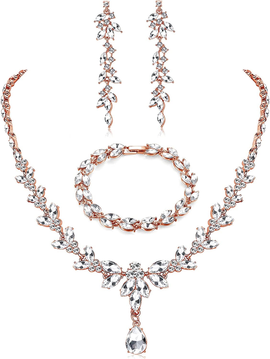 FIASASO Necklace Dangle Earrings Bracelet Set for Women Bride Bridesmaid Crystal Bridal Jewelry Set for Wedding Engagement Party Prom Jewelry Set Rose Gold