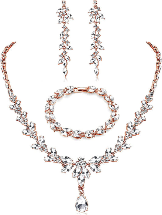 FIASASO Necklace Dangle Earrings Bracelet Set for Women Bride Bridesmaid Crystal Bridal Jewelry Set for Wedding Engagement Party Prom Jewelry Set Rose Gold