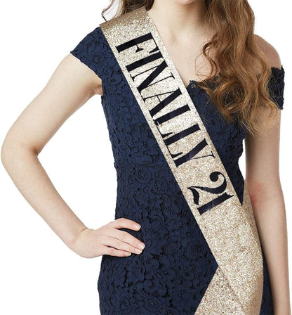 "Finally 21" Sash & Rhinestone Headband Set - 21St Birthday Gifts Birthday Sash for Women Birthday Party Supplies (Gold Glitter/Black) Apparel & Accessories > Clothing Accessories > Sashes ADBetty   